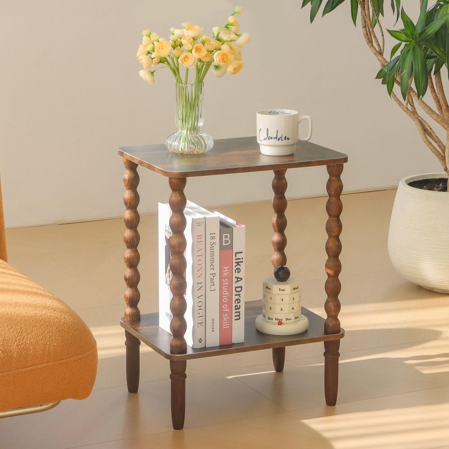 Fultyle Side Table, Small End Table with Storage Shelf, 2-Tier Small Coffee Tables Living Room for Bedroom, Narrow Spaces (Rustic Brown)