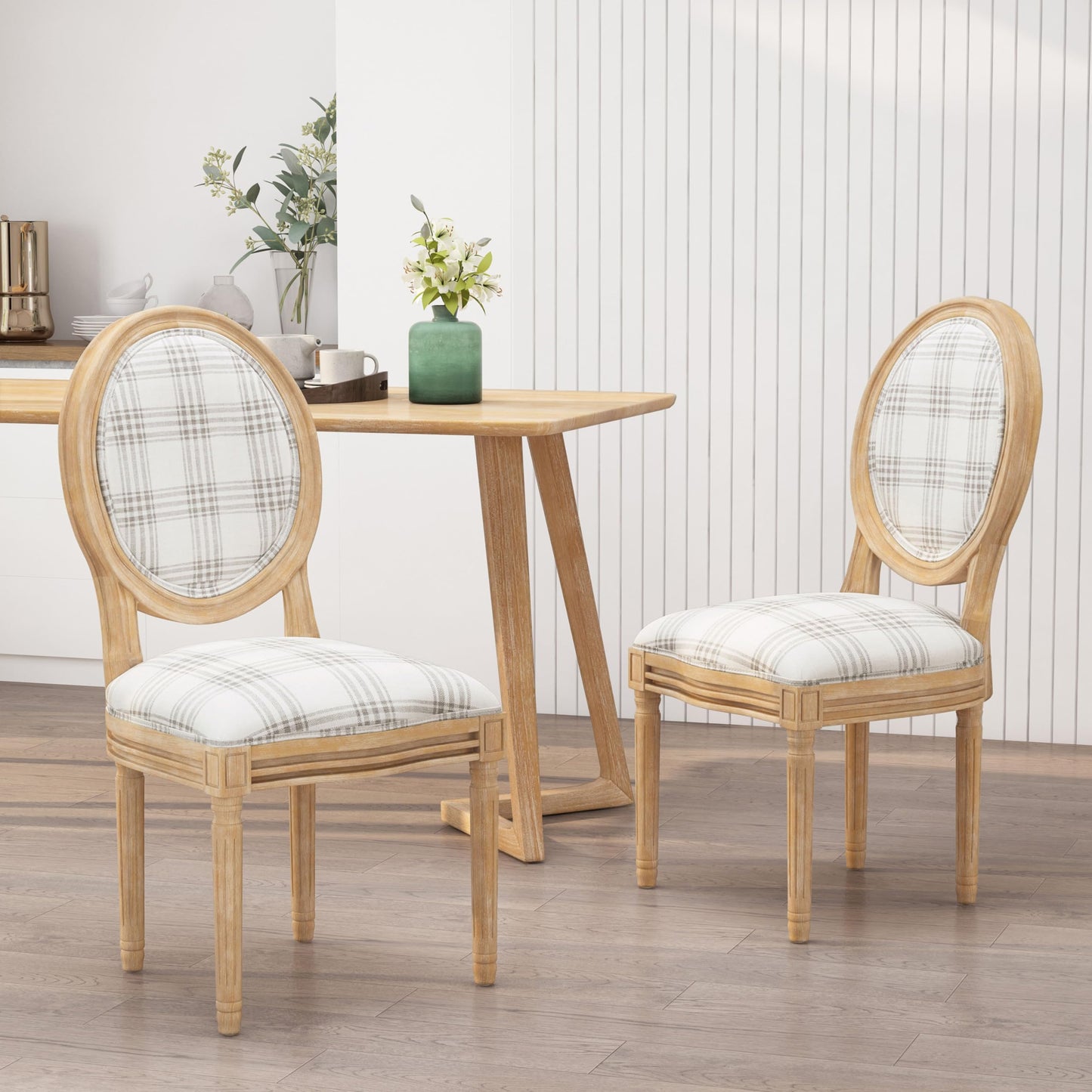 Christopher Knight Home Phinnaeus Dining Chair Set, Set of 2, Grey Plaid + Natural