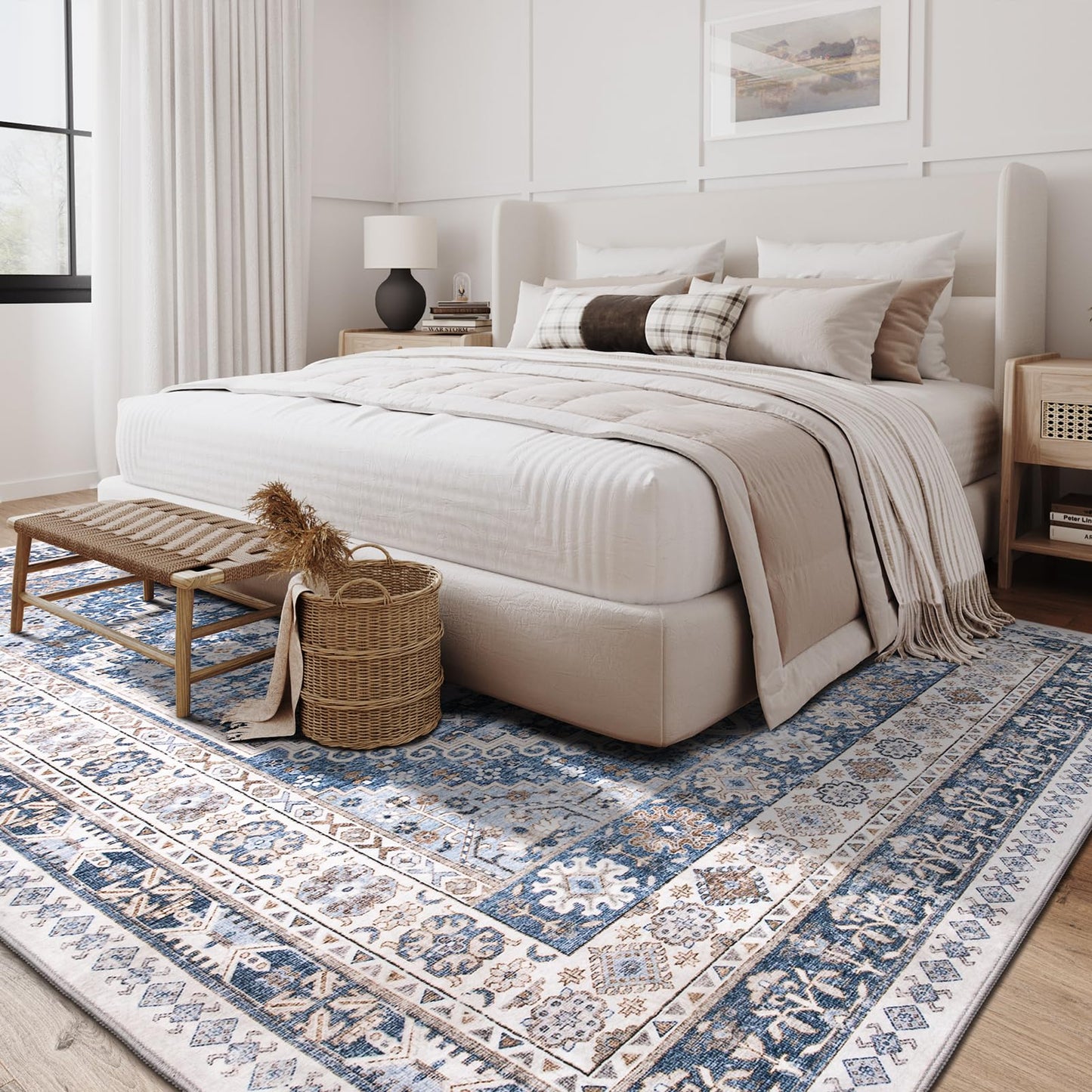 zesthome 9x12 Area Rugs,Stain Resistant Washable Rug,Ultra-Thin Rugs for Living Room,Bedroom,Non-Slip Backing Home Decor Large Area Rug (Blue/Beige,9'x12')