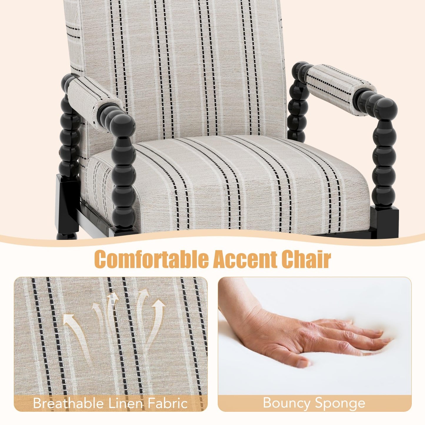 Giantex Mid Century Modern Spindle Accent Chair, Upholstered Armchair w/Rubber Wood Frame, Ergonomic Backrest & Fabric Covered Armrests, Comfy Single Sofa Chair for Reading Living Room Bedroom