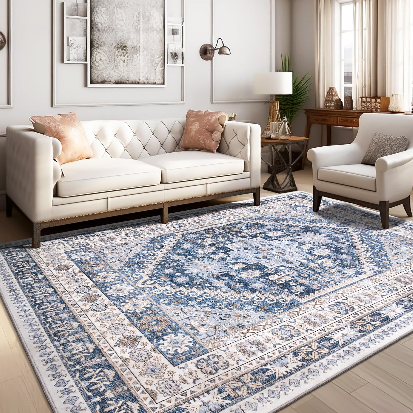 zesthome 9x12 Area Rugs,Stain Resistant Washable Rug,Ultra-Thin Rugs for Living Room,Bedroom,Non-Slip Backing Home Decor Large Area Rug (Blue/Beige,9'x12')