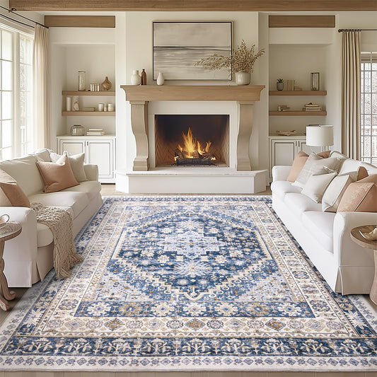 zesthome 9x12 Area Rugs,Stain Resistant Washable Rug,Ultra-Thin Rugs for Living Room,Bedroom,Non-Slip Backing Home Decor Large Area Rug (Blue/Beige,9'x12')