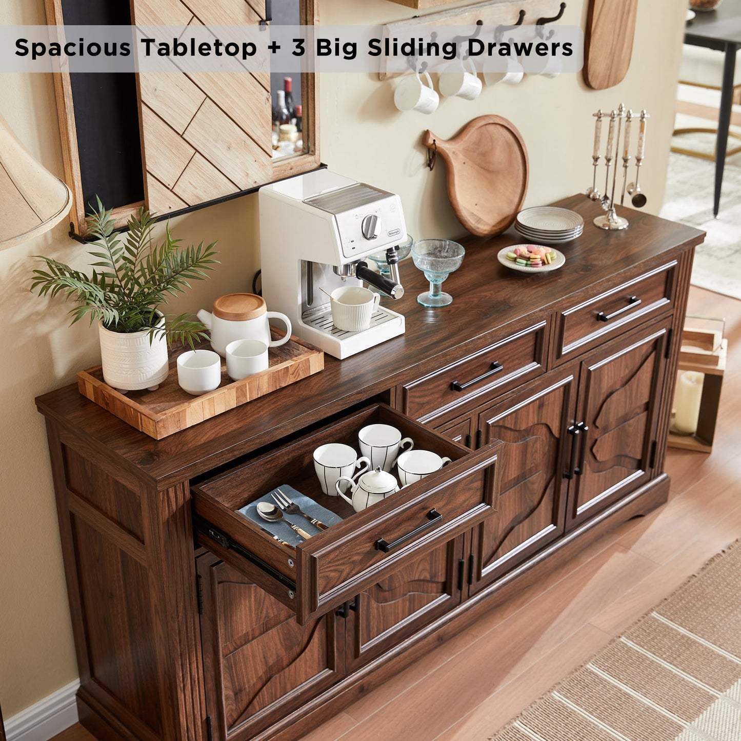 JXQTLINGMU 66" Large Buffet Sideboard Cabinet with 4 Doors and 3 Drawers, Buffet Table Coffee Bar Wine Bar Storage Cabinet for Dining Room, Living Room, Hallway, Dark Brown