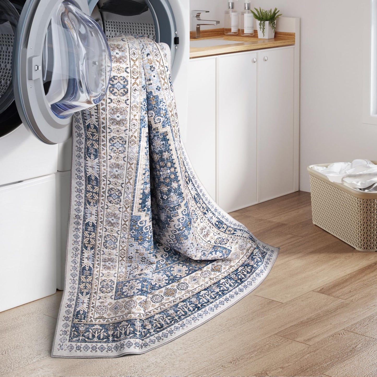 zesthome 9x12 Area Rugs,Stain Resistant Washable Rug,Ultra-Thin Rugs for Living Room,Bedroom,Non-Slip Backing Home Decor Large Area Rug (Blue/Beige,9'x12')