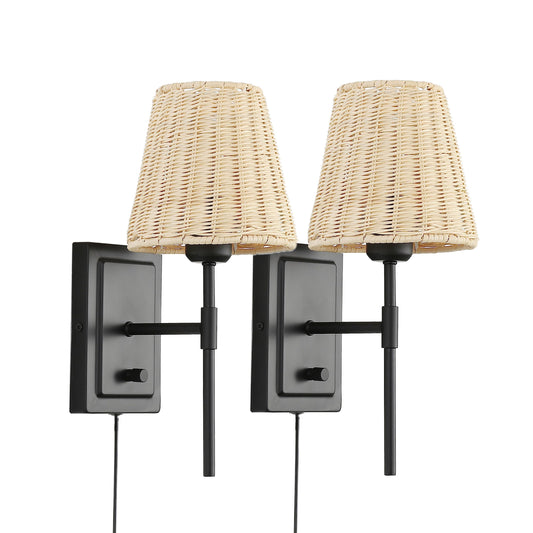WINGBO Wall Sconce Rattan Wrapped Wall Lamp Set of 2, Wall Light Fixture Vintage Bedside Light Wicker Handmade Shade Reading Light Plug in or Hardwire Black