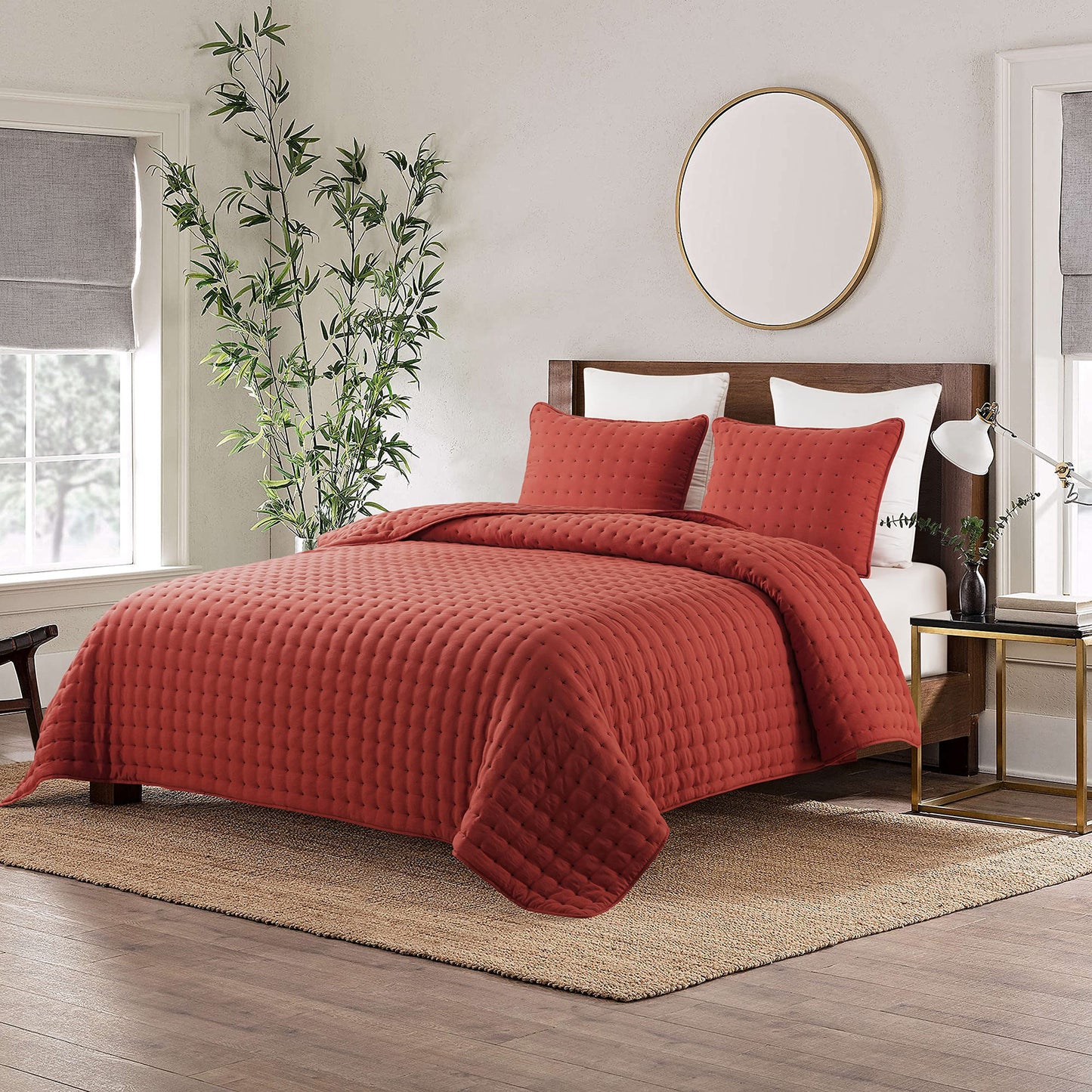 Burnt Orange King Size Quilt Bedding Sets with Pillow Shams, Red Lightweight Soft Bedspread Coverlet, Quilted Blanket Thin Comforter Bed Cover, All Season Summer Spring, 3 Pieces, 104x90 inches