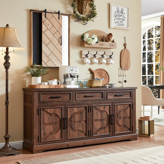JXQTLINGMU 66" Large Buffet Sideboard Cabinet with 4 Doors and 3 Drawers, Buffet Table Coffee Bar Wine Bar Storage Cabinet for Dining Room, Living Room, Hallway, Dark Brown