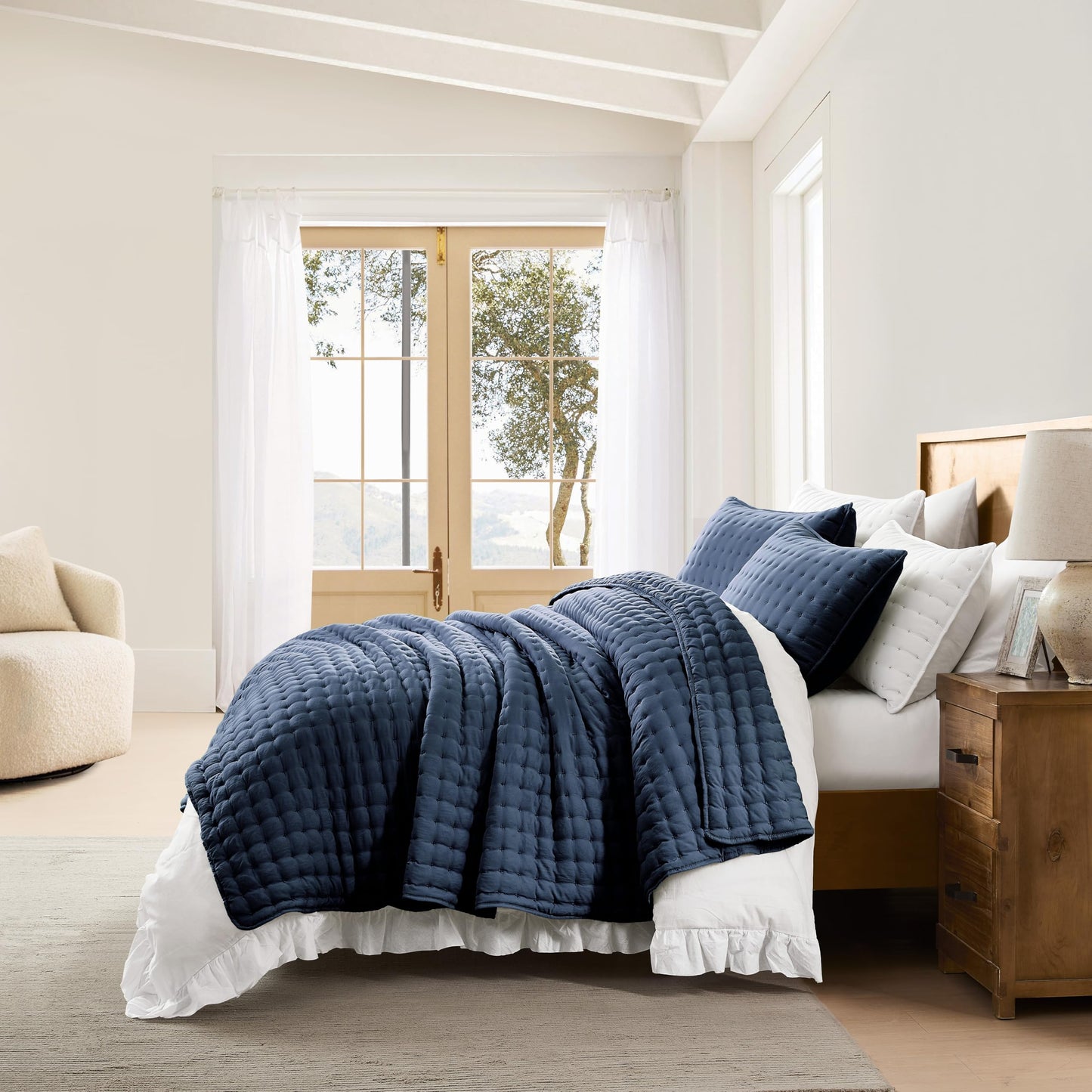 WDCOZY Navy Blue Queen Size Quilt Bedding Sets with Pillow Shams, Lightweight Soft Bedspread Coverlet, Quilted Blanket Thin Comforter Bed Cover, All Season Summer Spring, 3 Pieces, 90x90 inches