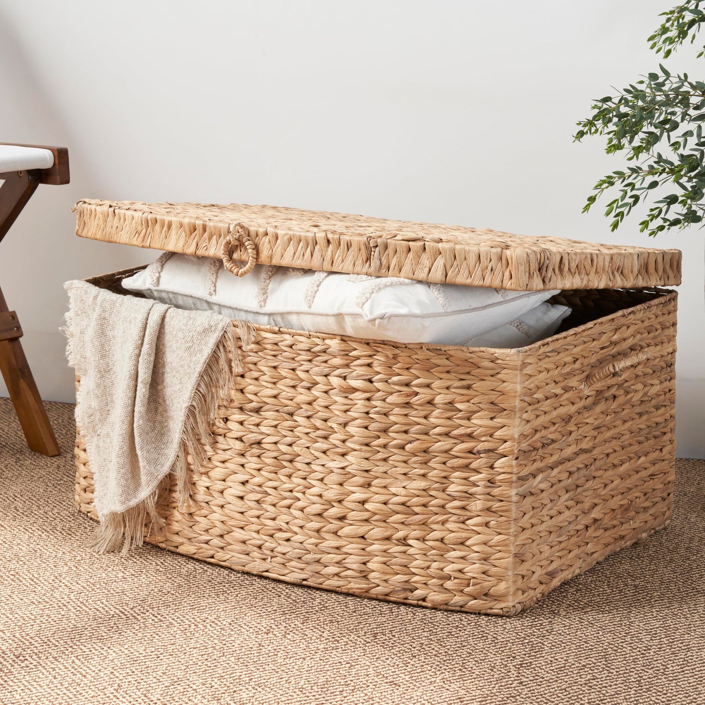SOL HOME Ludmilla Rectangular Curve Water Hyacinth Woven Wicker Trunk with Handles - 26" x 19" x 14" - Natural Brown - For Clothes, Toys, Magazines and Book Storage