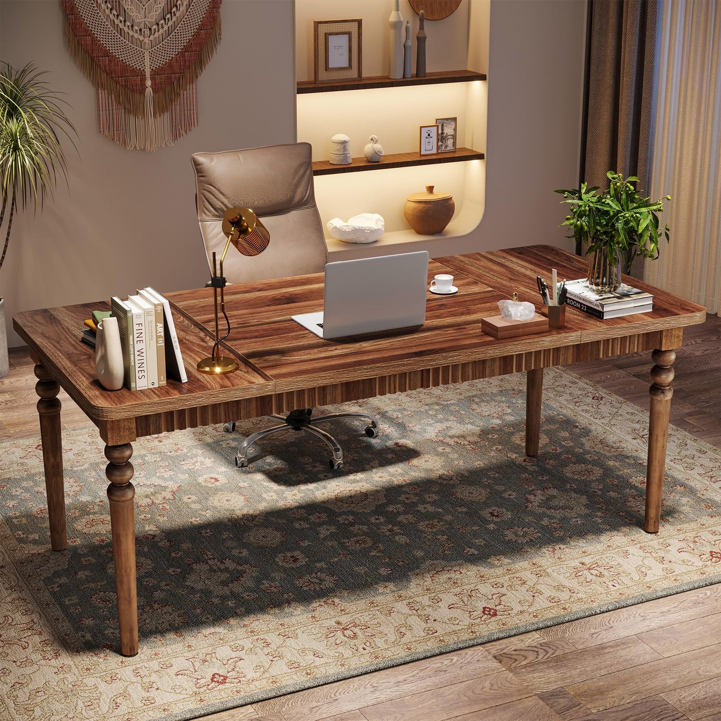 Tribesigns 63-Inch Executive Desk, Large Office Computer Desk with Solid Wood Turned Legs, Farmhouse Study Writing Table Conference Table for Home Office, Workstation Business, Walnut