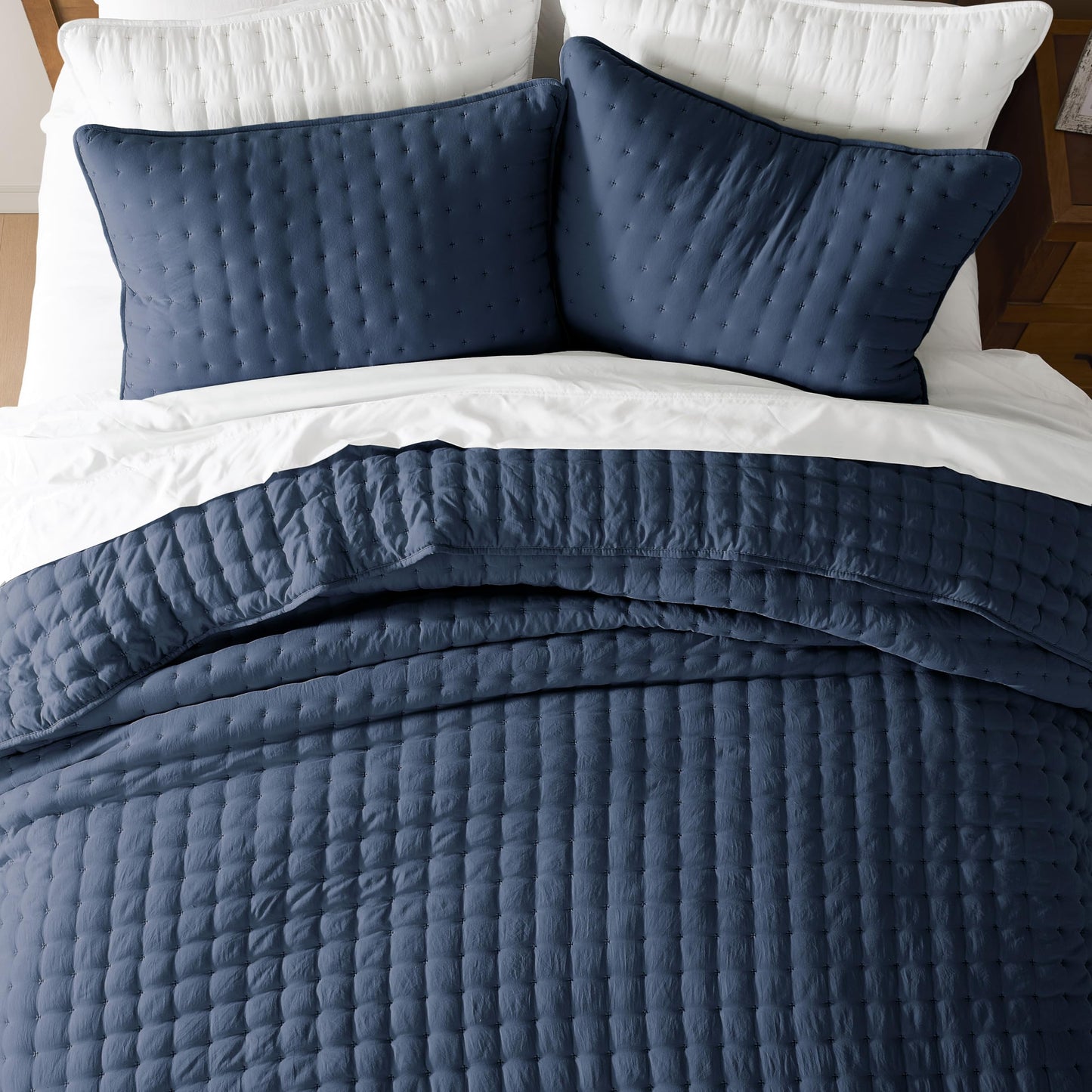 WDCOZY Navy Blue Queen Size Quilt Bedding Sets with Pillow Shams, Lightweight Soft Bedspread Coverlet, Quilted Blanket Thin Comforter Bed Cover, All Season Summer Spring, 3 Pieces, 90x90 inches