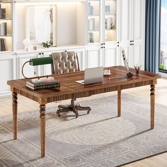 Tribesigns 63-Inch Executive Desk, Large Office Computer Desk with Solid Wood Turned Legs, Farmhouse Study Writing Table Conference Table for Home Office, Workstation Business, Walnut
