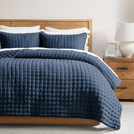 WDCOZY Navy Blue Queen Size Quilt Bedding Sets with Pillow Shams, Lightweight Soft Bedspread Coverlet, Quilted Blanket Thin Comforter Bed Cover, All Season Summer Spring, 3 Pieces, 90x90 inches