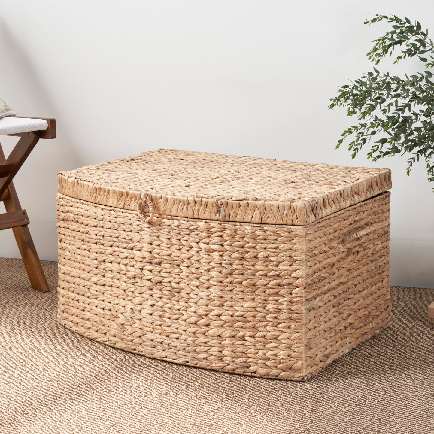 SOL HOME Ludmilla Rectangular Curve Water Hyacinth Woven Wicker Trunk with Handles - 26" x 19" x 14" - Natural Brown - For Clothes, Toys, Magazines and Book Storage