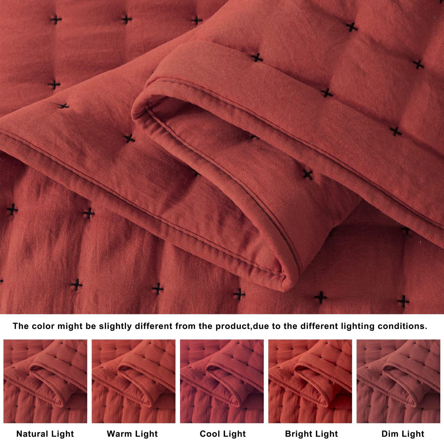 Burnt Orange King Size Quilt Bedding Sets with Pillow Shams, Red Lightweight Soft Bedspread Coverlet, Quilted Blanket Thin Comforter Bed Cover, All Season Summer Spring, 3 Pieces, 104x90 inches