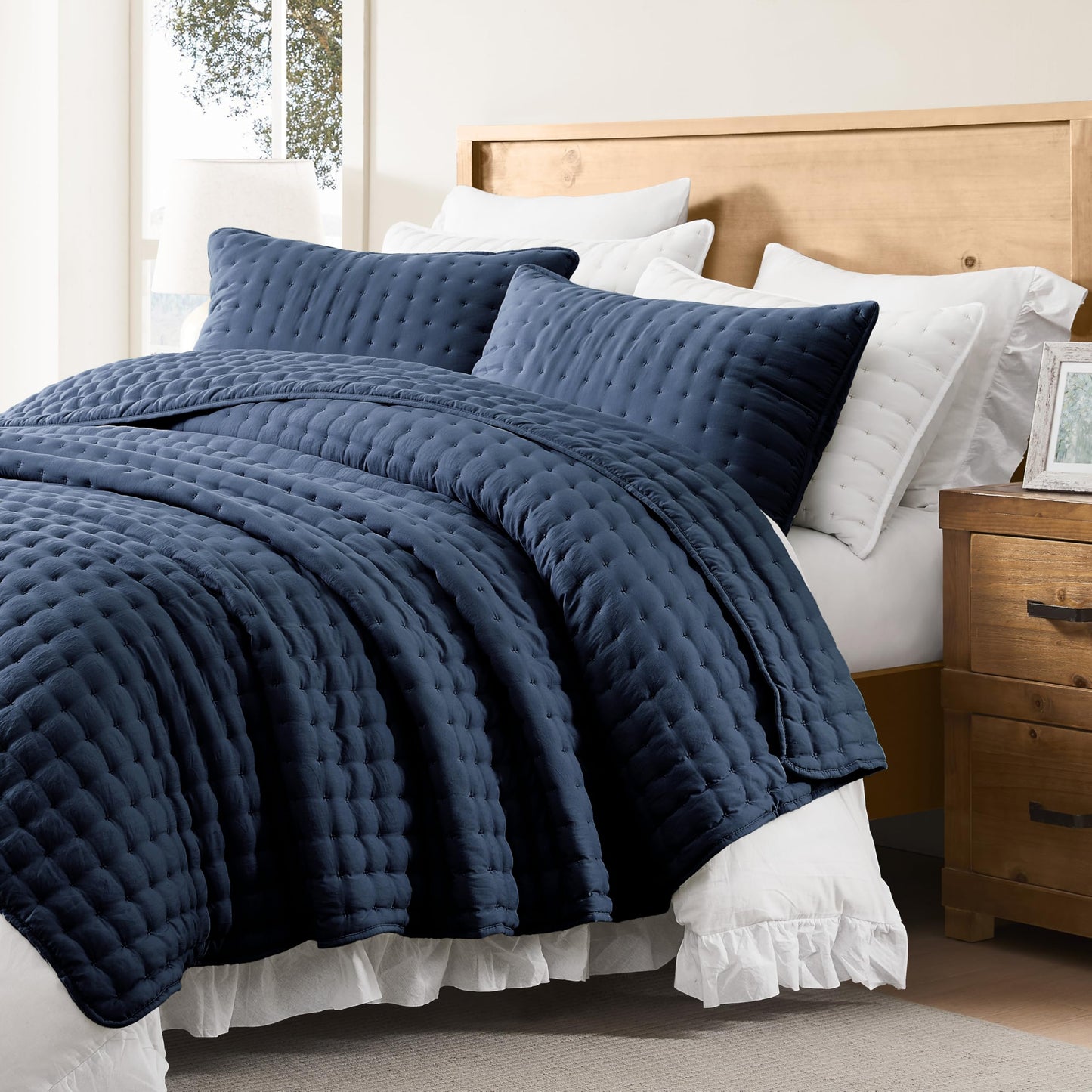 WDCOZY Navy Blue Queen Size Quilt Bedding Sets with Pillow Shams, Lightweight Soft Bedspread Coverlet, Quilted Blanket Thin Comforter Bed Cover, All Season Summer Spring, 3 Pieces, 90x90 inches