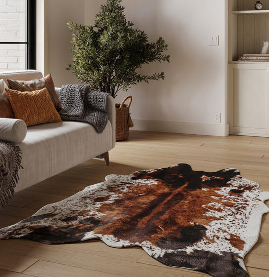 NativeSkins Faux Cowhide Rug – Original Brown (Oversized) | 6.2ft x 8.2ft | Cow Print | Western Bedroom Decor | Hand-Cut, Faux Suede No-Slip Backing | Western Rug | Animal Print | Cow Hide